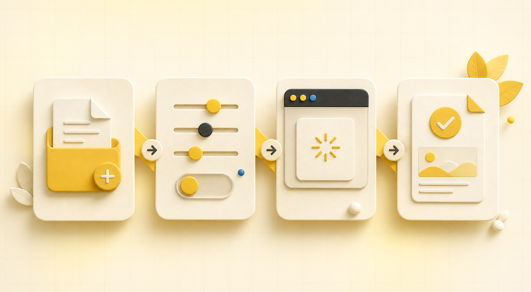 A four-step workflow showing a file input, clear controls, browser processing, and a finished result